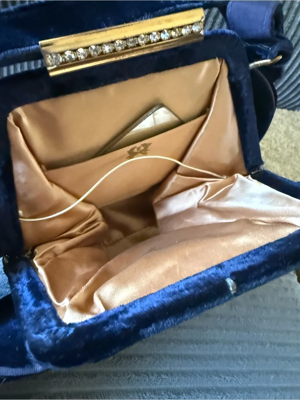 Vintage Navy Velvet Evening Clutch with Gold Bar Clear Rhinestone